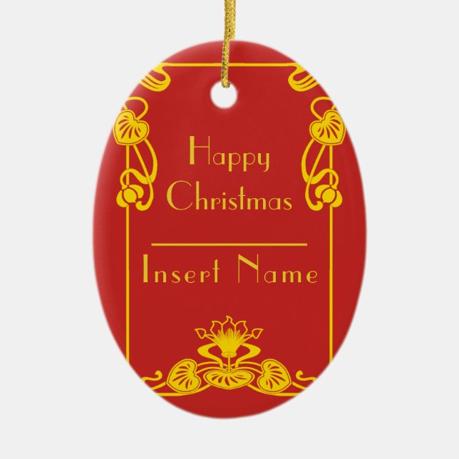 Art Deco Red Gold Bordered Ceramic Ornament (Front)
