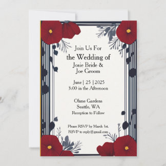 Art deco red poppies wedding invitation