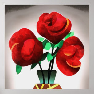 Art Deco Red Roses In Vase Abstract Art Poster