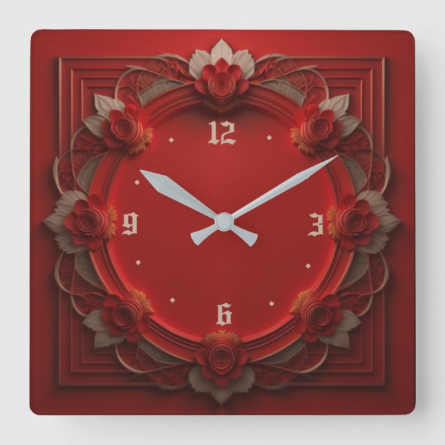 Art Deco Red Square Wall Clock (Front)