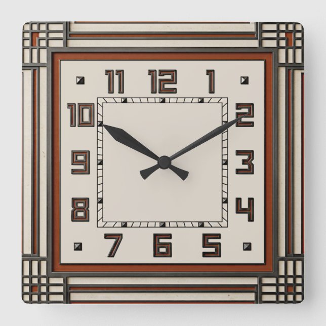 Art Deco Red Square Wall Clock (Front)