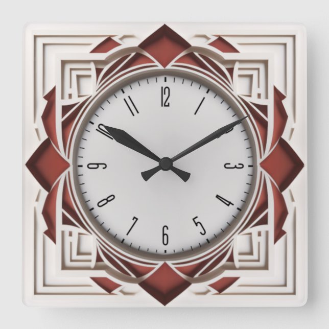 Art Deco red Square Wall Clock (Front)
