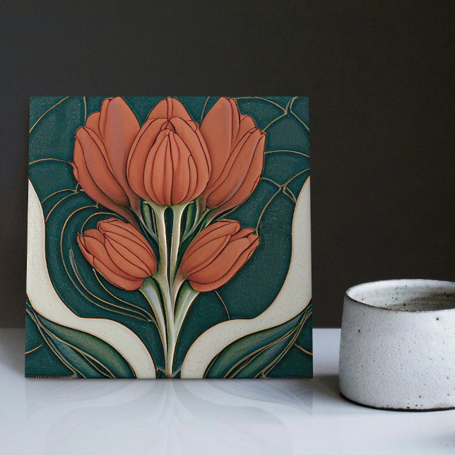 Art Deco Red Tulips Green Wall Decor Art Nouveau Tile (Creator Uploaded)