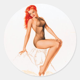 Art Deco Redhead Pin Up Classic Round Sticker