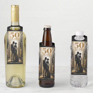 Art Deco Retro Black & Gold Wedding Anniversary Bottle Tag