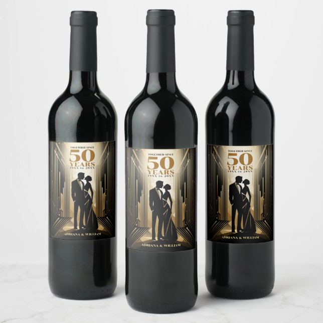 Art Deco Retro Black & Gold Wedding Anniversary Wine Label (Bottles)