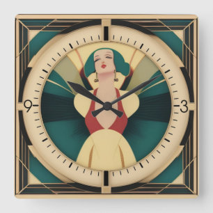 Art Deco retro girl Square Wall Clock