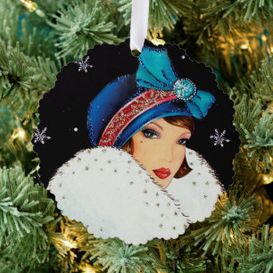 Art Deco retro vintage add text lady Ornament Card
