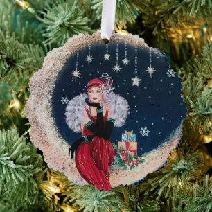 Art Deco retro vintage add text lady  Ornament Card