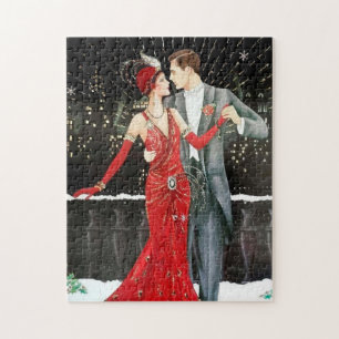 art deco retro vintage Christmas couple Jigsaw Puzzle