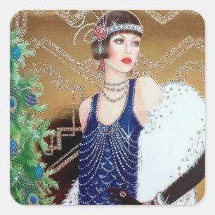 Art deco retro vintage Christmas Holiday lady Square Sticker