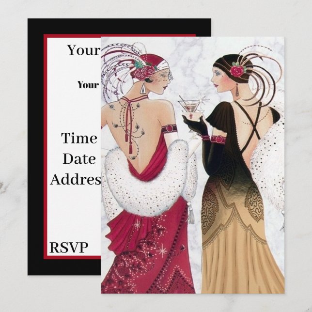 Art deco retro vintage Christmas Ladies party Invitation (Front/Back)