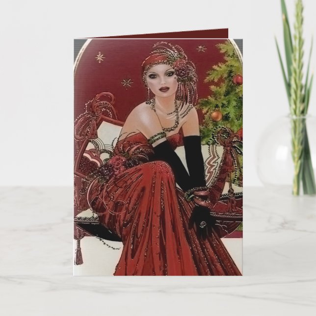 Art Deco retro vintage Christmas lady Holiday Card (Front)