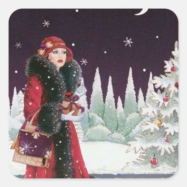 Art deco retro vintage Christmas lady sticker (Front)