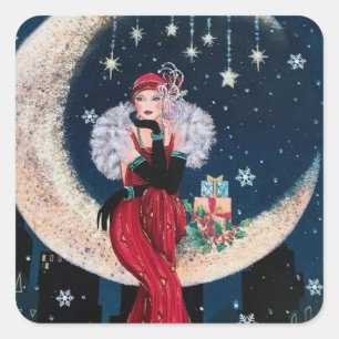 Art deco retro vintage Christmas lady sticker