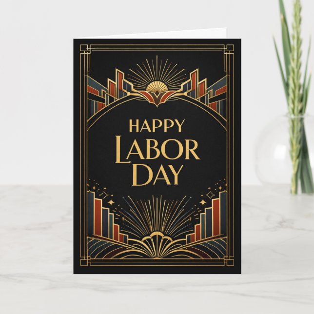Art Deco Rising City Happy Labor Day Card (Front)