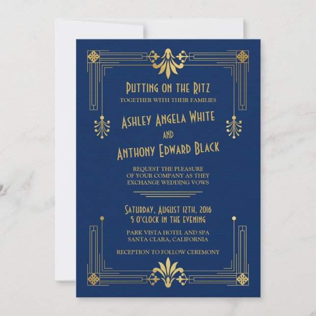 Art Deco Roaring 20s Navy Gold Wedding Invitation (Front)