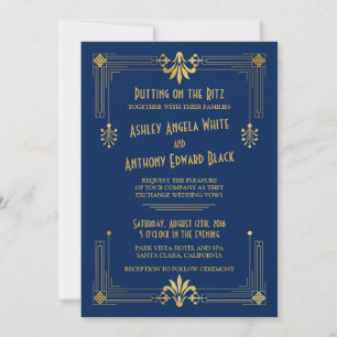 Art Deco Roaring 20s Navy Gold Wedding Invitation