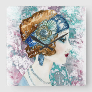 Art Deco Roaring Twenties Woman 1920s  Square Wall Square Wall Clock
