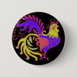 Art Deco rooster in Purple on Black 2 Inch Round Button