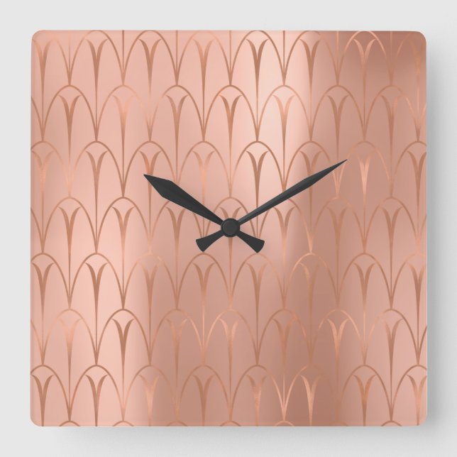 Art Deco Rose Gold Copper Geometry Minimal Square Wall Clock (Front)