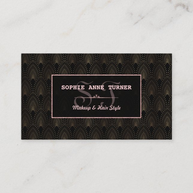 Art Deco Rose Gold Monogram Makeup Artist Business Card (Front)