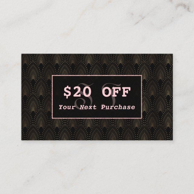 Art Deco Rose Gold Monogram Makeup Artist Discount Card (Front)
