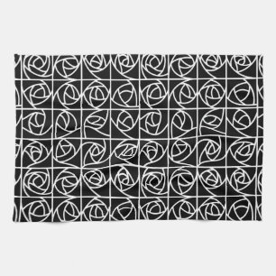 Art Deco Rose Squares Stylized Floral black white Kitchen Towel