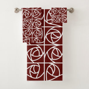 Art Deco Rose Squares Stylized Floral deep red Bath Towel Set