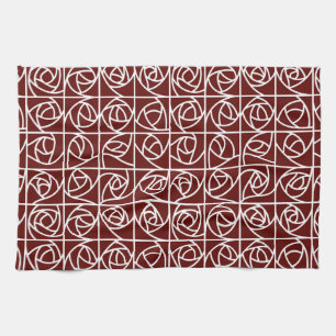 Art Deco Rose Squares Stylized Floral deep red Kitchen Towel