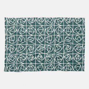 Art Deco Rose Squares Stylized Floral green Kitchen Towel