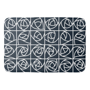 Art Deco Rose Squares Stylized Floral navy blue Bath Mat
