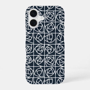 Art Deco Rose Squares Stylized Floral navy blue iPhone 16 Case
