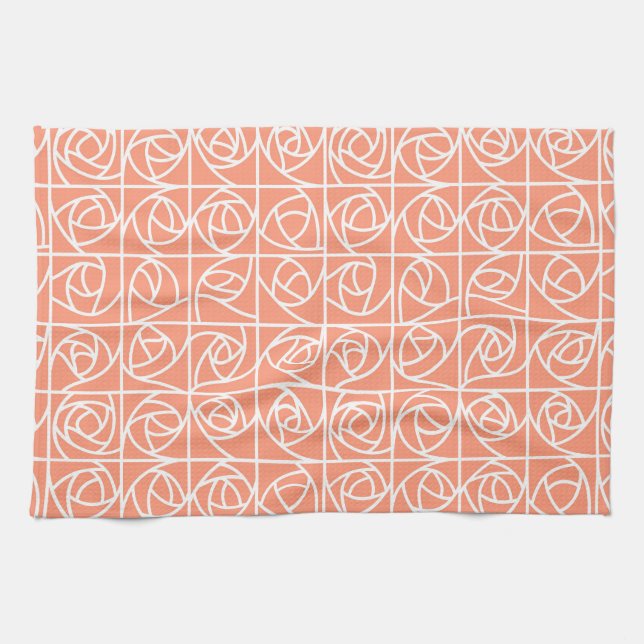 Art Deco Rose Squares Stylized Floral peach Kitchen Towel (Horizontal)