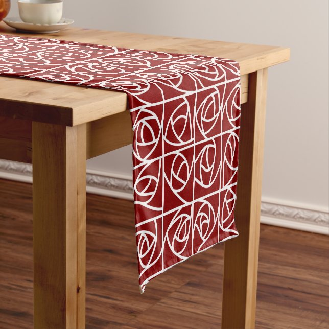 Art Deco Rose Squares Stylized Floral primary red Short Table Runner (In Situ)