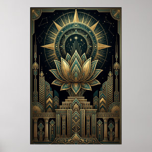 Art Deco Sacred Lotus Celestial Compass Poster