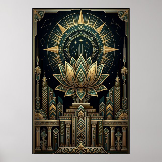 Art Deco Sacred Lotus Celestial Compass Poster (Devant)