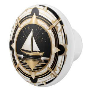 Art Deco Sail Boat Black White and Gold Nautical Ceramic Knob
