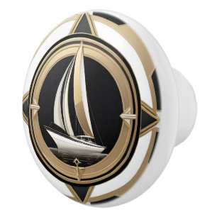 Art Deco Sailing Boat Black White Gold Nautical Ceramic Knob