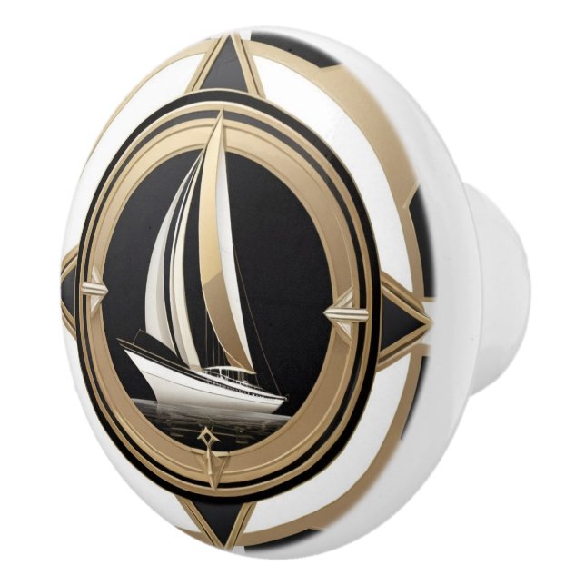 Art Deco Sailing Boat Black White Gold Nautical Ceramic Knob (Right)