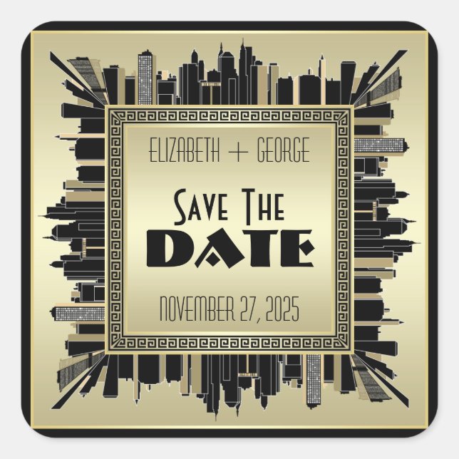 Art Deco Save the Date Champagne Gold Gatsby Glam Square Sticker (Front)