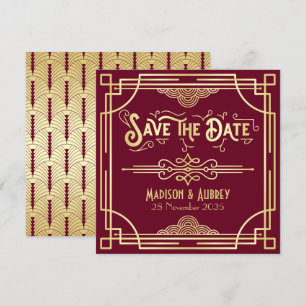 Art Deco Save the Date Gold Burgundy Great Gatsby