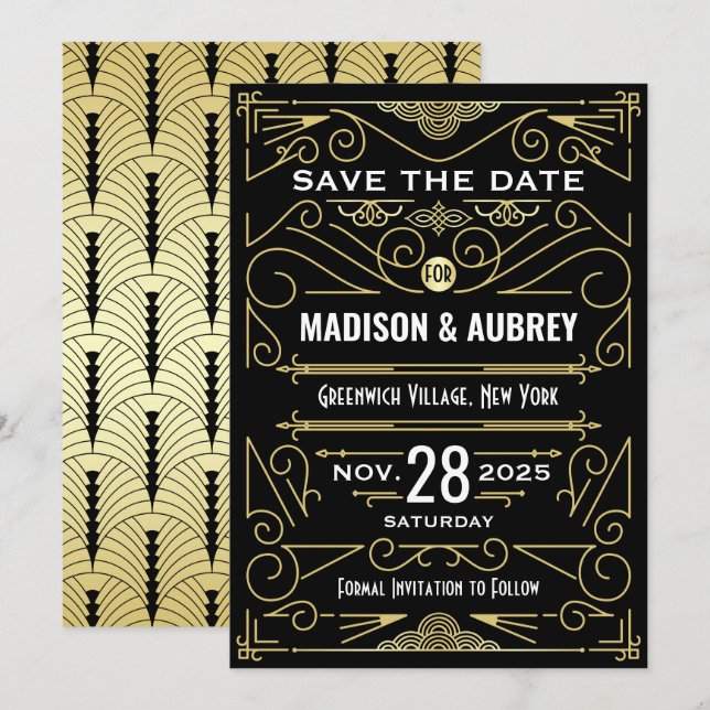 Art Deco Save the Date Wedding Elegant Gold Black Invitation (Front/Back)