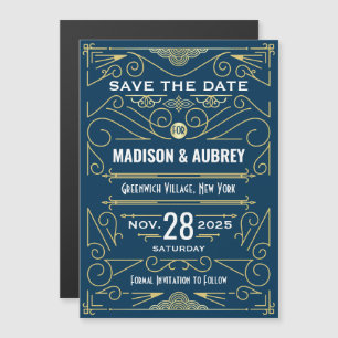 Art Deco Save the Date Wedding Elegant Gold Blue Magnetic Invitation