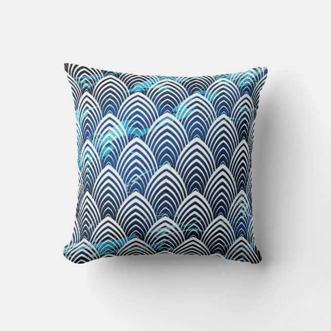 Art Deco Scales Blue Navy Ocean Geometry Marble Throw Pillow (Front)