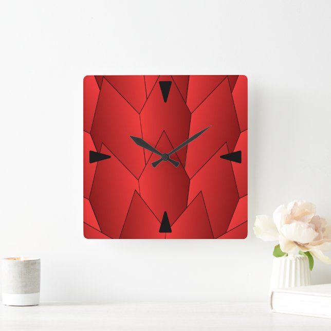 Art Deco Scales Design Red Square Wall Clock (Home)