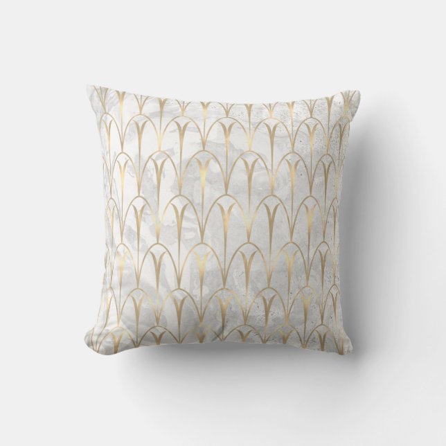 Art Deco Scales Geometry White Grey Gold Marble Throw Pillow (Front)