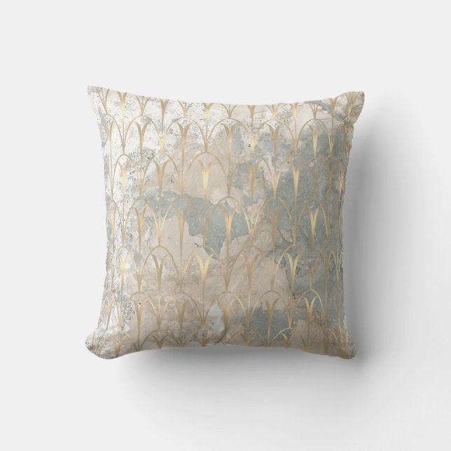 Art Deco Scales Geometry White Sepia Gold Marble Throw Pillow (Front)