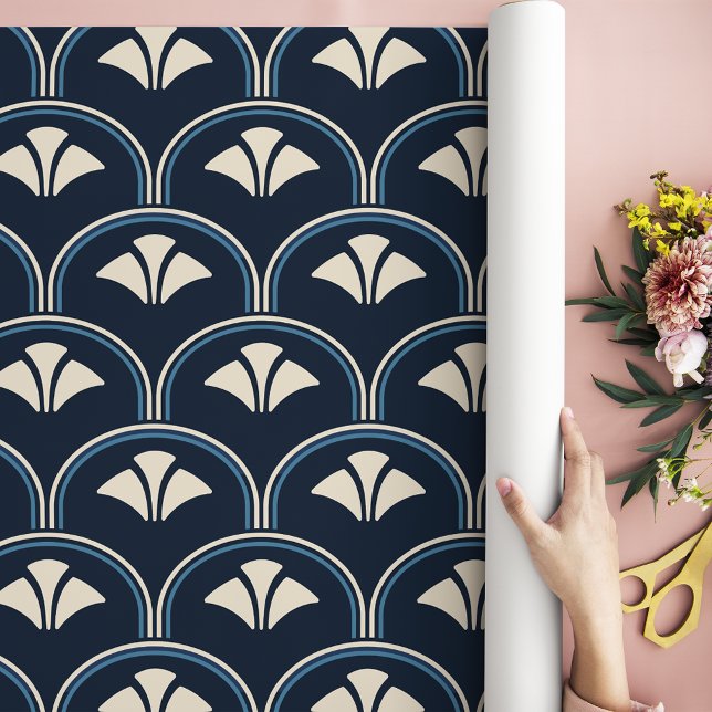 Art Deco Scallop In Navy Blue And Creme Wrapping Paper (Creator Uploaded)
