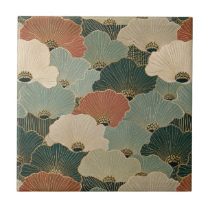 Art deco scallop shells Teal navy blue terracotta Tile
